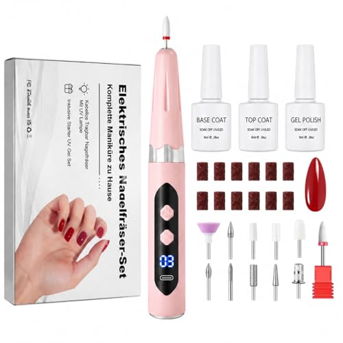 Gelnägel Starter Set für Anfänger, Kabelloser Nagelfräser mit Integriertem UV-Licht, UV Gel Nagellack Set mit Base Coat, Top Coat und Farbe Rot, Komplettes Nagelset zum Nägel Selber Machen