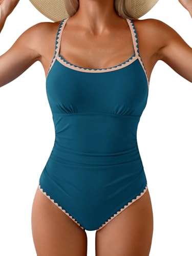 Image of Eomenie Women's One Piece Swimsuit Tummy Control Slimming Bathing Suit Ruched Swimwear Tie Back Shell Stitch Swim Suit