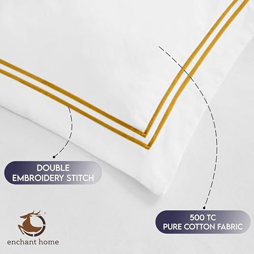 Image of Pure Cotton 500 TC Pillow Cover Set | Greek Embroidered Pillow Cover Set | Percale Weave | 18 X 27 Inches (2, White - Golden)
