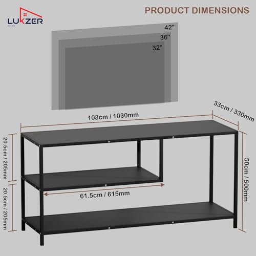 Image of Lukzer Metal & Engineered Wood TV Unit Stand Ideal for TVs Up to 43 Inch | Open Shelves for WiFi Router, Set-Top Box, Speakers & Decor | Living Room Storage Rack Organizer | MTU-001 /Black + Black