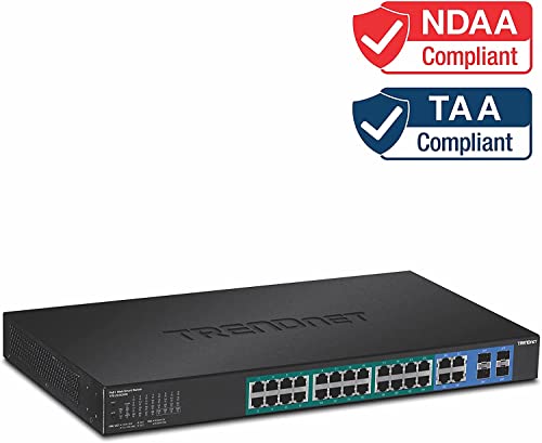 Image of TRENDnet 28-Port Gigabit Web Smart PoE+ Switch, 24 x Gigabit Ports, 4 x Shared Gigabit Ports (RJ-45 or SFP), 185W PoE Budget, 56Gbps Switching Capacity, Lifetime Protection, Black, TPE-2840WS