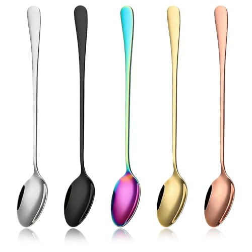 5PCS Stainless Steel Latte Spoons Long Handle Set Multicolored Long Handled Teaspoons Tea Spoons and Hot Chocolate Spoon (Silver Gold Rose Gold Rainbow Black)