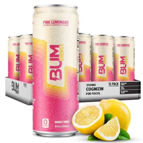 BUM Sugar-Free Energy Drink, Pink Lemonade - Lightly Carbonated & No Artificial Colors, Natural Caffeine & Citicoline for Energy & Focus, Brain Boost & Workout Sports Beverage - 12 oz, Pack of 12