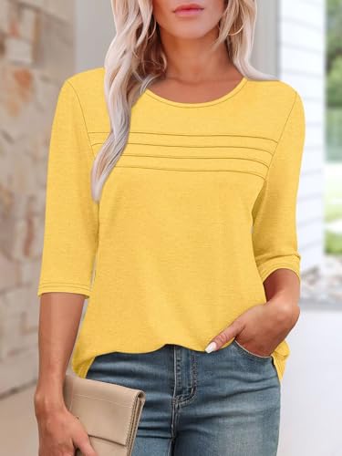 KISSMODA Women's Casual 3/4 Sleeve T-Shirts Round Neck Cute Tunic Tops Basic/Pleated Summer Tops Trendy Spring Blouses