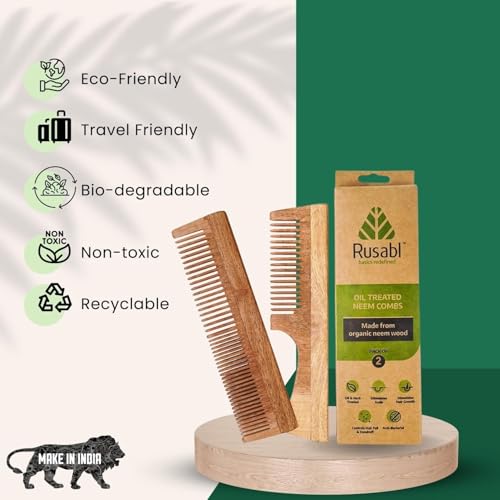 Image of Rusabl Kacchi Neem Wooden Comb (Fine & Wide Tooth), Dual Tooth Design, 100% Pure Neem Wood, No Handle, For Men & Women, Ideal for Detangling, Frizz Control & Shine, Suited for All Hair Types