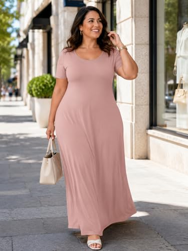 Image of SUZONANA Plus Size Maxi Dress for Curvy Women Summer Casual Sundress Short Sleeve Loose Vacation Dress