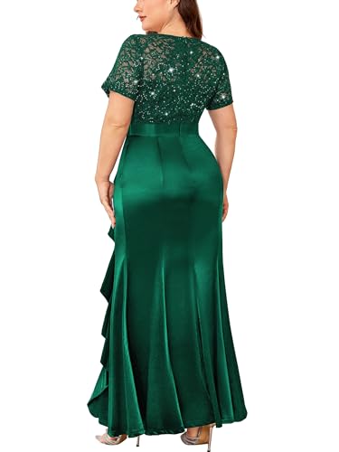 Miusol Women's Plus Size Lace Contrasted Satin Ruffled Trim Mermaid Hem Sequin Maxi Evening Dress2