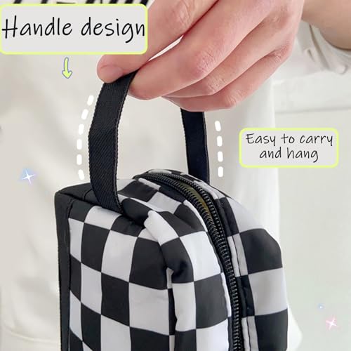 Image of KEYDUACU High Capacity Pencil Case for Teen - Black & White Checkered, Large Pen Bag Organizer with Easy Grip Handle & Loop, Includes Funny & Cute Journaling Supplies(Checkered)
