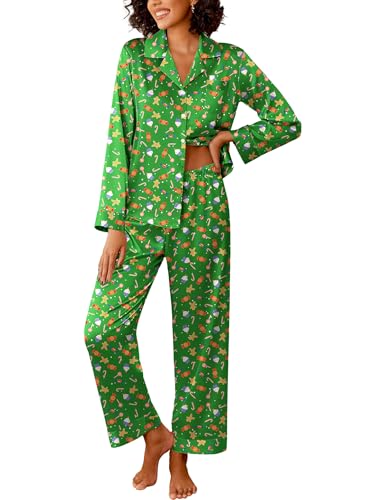 Image of Ekouaer Womens Silk Satin Pajama Sets 2 Piece Sleepwear Pjs Set Long Sleeve Button Down Top and Pants Stripe Loungewear S-XXL