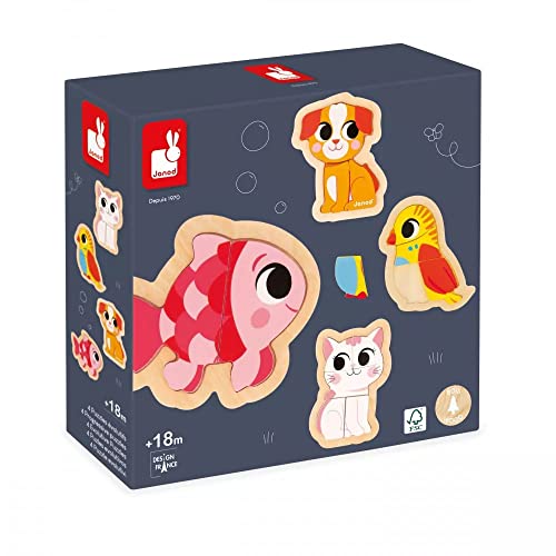 Janod - 4 Puzzle in Legno da 2 a 5 Pezzi - Puzzle Animali da Compagnia - Giocattoli per Bambini - Giochi Educativi - Prima Infanzia - Dai 18 Mesi, J07115