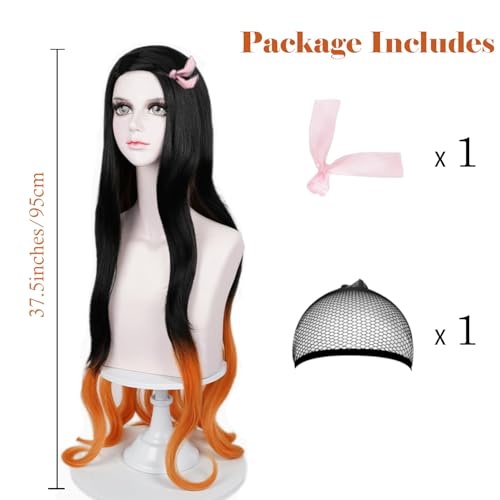 Image of LABEAUTE Nezuko Cosplay Wig for Anime Black Orange Wig, Women Adult Long Halloween Character Costume Wigs Cosplay Clothes for Demon Slayer