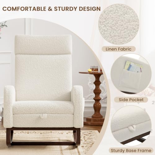 Image of Teddy Nursery Rocking Chair, High Back Glider with Footrest, Beige | Teddy Rocking Chair Nursery with Footrest Storage Pocket Upholstered Accent Arm Chair for Living Room Bedroom Indoor