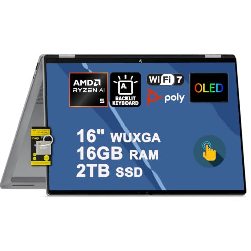 Image of HP OmniBook X Flip 16 2-in-1 Laptop 16 inch WUXGA OLED Touchscreen 100% DCI-P3 AMD Ryzen AI 5 430 (Up to 50 Tops) 16GB RAM 2TB SSD Backlit Wi-Fi7 for Creator Designer Business Professional Win11 ICP Acc