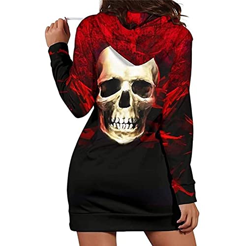 Sweat-Shirt à Capuche pour Femme avec Cordon De Serrage à Manches Longues Poche Mi-Longue pour Femme Sweat à Capuche Sweat à Capuche Imprimé TêTe De Mort Blouse Haut