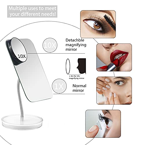 Jasefa Desk Makeup Mirror With Detachable 10X Magnification,360° Rotation Flexible Gooseneck Mirror With Stand,Tabletop Cosmetic Mirror,Good For Shower Shaving Traveling-White #TOP1