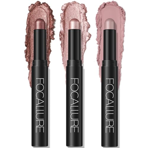 FOCALLURE 3PCS Cream Eyeshadow Stick Sets,Matte and Shimmer Eye Brightener, High Pigmented Crease-proof Pencil,Long Lasting Eye Shadow Highlighter Makeup,Rose Mirage