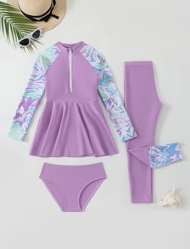 Image of FYMNSI Girls Modest Full Coverage Swimsuit Long Sleeve Rash Guard with Pants UPF 50+ Sun Protection Swimwear for Kids 5-14