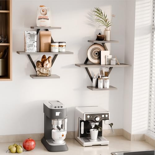 Image of Floating Wall Shelves, Set of 2, Gray | 3-Tier Hanging, Wall Mounted, Sturdy & Durable, For Bathroom, Living Room, Bedroom, Kitchen, Office