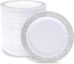 100Pcs White and Silver Plastic Plates
