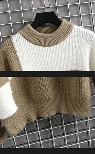 Men's Patchwork Knit Sweater Plaid Round Neck Pullover Unisex Casual Warm Autumn Winter Knitwear4