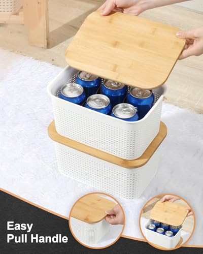 Areyzin L260WH Plastic Storage Bins With Bamboo Lids And Stackable Storage Baskets For Shelves - Organize Your Home Or Office thumb #1