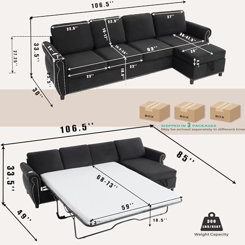 Image of ERYE L-Shaped Reversible Sectional Sofa with Pull Out Queen Memory Mattress Sleeper Bed, 2-in-1 L-Shaped Corner Sectional Couches W /Wireless Charging, Storage Chaise Lounge