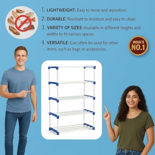Image of 5 Tier Shoe Rack with Shelf, Thick Strong Pipes for Heavy Load Multipurpose Organizer Rack Shoe, Cloth & Book Storage Shelf for Home, Balcony, Living Room & Workspace