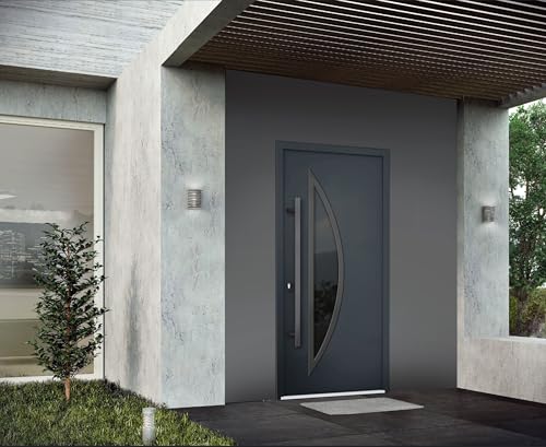 VDOMDOORS Front Exterior Prehung Steel Door/Deux 6501 Anthracite/Stainless Inserts Single Modern Painted-W36 x H80-Right-hand Inswing