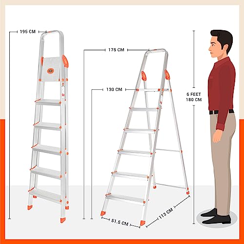 Bathla Advance 6-Step Foldable Aluminium Ladder for Home | Heavy Duty & Anti-Slip Steps | 5 Year Manufacturer Warranty | with Sure-Hinge Technology (Orange)