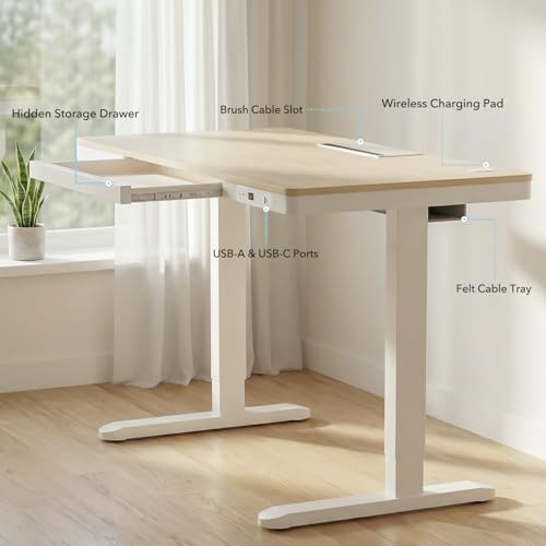 Image of Electric Standing Desk with Drawer & Wireless Charging, Height Adjustable Sit Stand Desk with USB Charging Station, Hidden Cable Management Tray, 48 inch Ergonomic Home Office Computer Desk, Light Wood