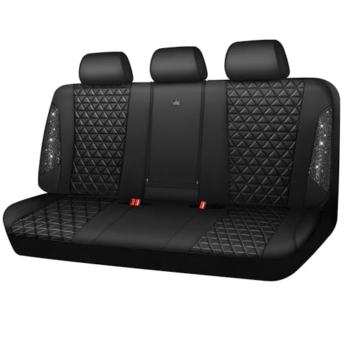CAR PASS Bling Back Seat Cover, Waterproof Leather Bench Rear Seat Cover Shining Diamond Truck Glitter Crystal Sparkly Rhinestone Universal Fit Armrest Automotive Kid Women Girl, Black Diamond