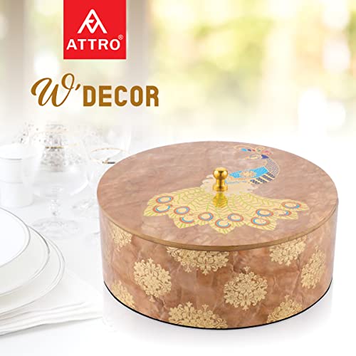 Image of Attro Peacock Gold Designer Wooden Lid Round Multipurpose Box for Kitchen Storage, Chapati, Chocolate