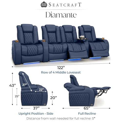Image of Seatcraft Diamante Navy Blue Italian Leather Home Theater Seating, Zero Gravity Power Recliner, Gaming and Home Office Chair, Powered Headrest Furniture for Cinema Room, Row of 4 Middle Loveseats