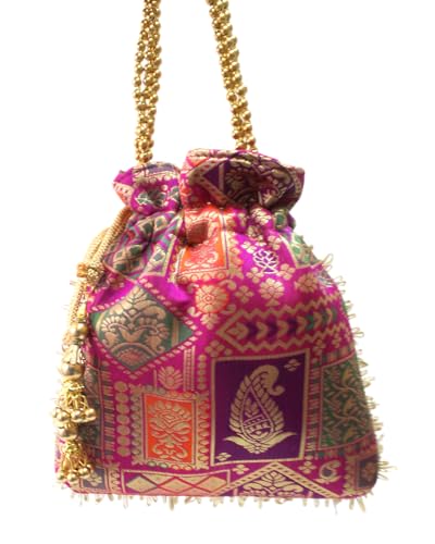 Image of MILAN'S CREATION Patola Potli Banarasi Silk Brocade Bag Purse Drawstring Women's handbag with Pearl Handle & Tassel Weddings (Multicolor- Magenta)