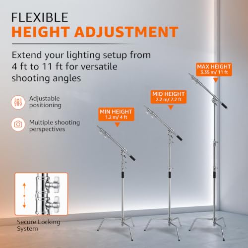 Image of Amazon Basics Heavy Duty Light Boom C-Stand with 3.5ft Holding Arm & Grip Head, Multi Angle Adjustment, Spring Loaded Aluminium Rod, for Flashlights, Reflectors, Softboxes & Umbrellas
