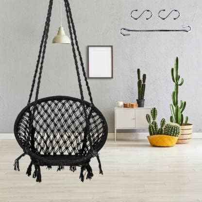 Swingzy Round Cotton Rope Hanging Swing for Kids & Adults | Handwoven Rope Jhula | Indoor & Outdoor Swing for Home, Balcony & Garden | Hanging Accessories Included | Supports Up to 120kg (Black)-image-33