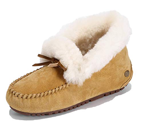 U-lite Women's Moccasin Slippers with Warm Wool Lining, Pigskin Leather Non-Slip Rubber Sole for Indoor and Outdoor Casual Winter Flat Shoes