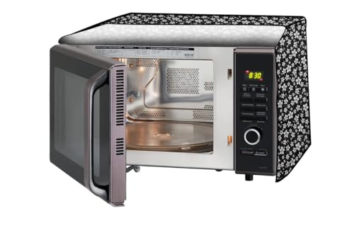 Image of PVC Microwave Oven Cover for IFB 30L 30BRC2 | Full Closure Zip | Waterproof & Dustproof | Attractive Digital Print | Wipe Clean | Stain Resistant | 48 x 53 x 34 cm | Black Flower Design