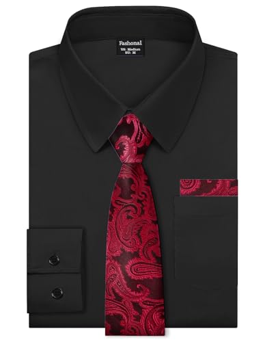 Fashonal Mens Valentines Shirt, Mens Dress Shirt and Tie Set Black Shirts for Men Button Down Long Sleeve, Black Size XL