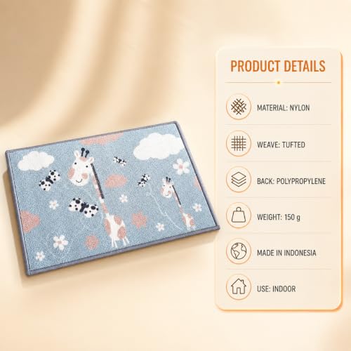Image of Matz&More Animals Giraffe Kids Floor Mat | 40x60 CM | Blue Pink | Nylon Tufted Gel Baking Anti-Slip | Home School Doormat | Children Play Room Entrance & Child Bedroom