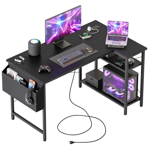Mericonia Small L Shaped Computer Desk with Power Outlets, Gaming Desk for Small Spaces, Corner Desk with Reversible Storage Shelves, Study Writing Table for Home Office