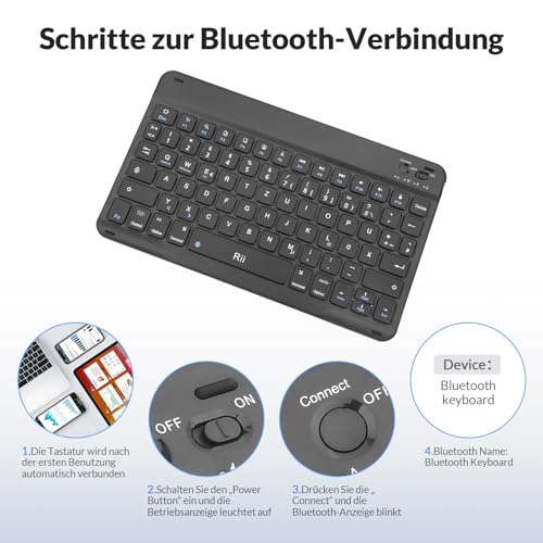 Rii Bluetooth Tastatur für Tablet, Tragbare Slim Tastatur mit Scissor-Mechanismen, Wiederaufladbar, QWERTZ Layout, Kompatibel mit iPad/Android/Windows, Schwarz 3