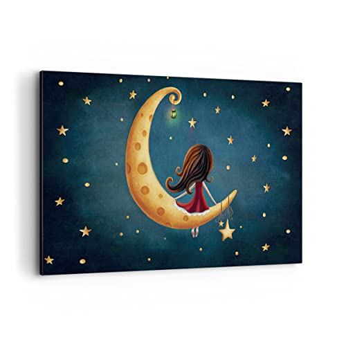 Quadri Moderni Soggiorno Bambini ragazza luna Quadro su Tela 120x80cm Stampe da Parete Camera da Letto Cucina 1 pezzo Wall Art Canvas Grandi XXL Decorazione Murale Grafica Immagini AA120x80-4683