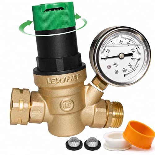 LIULO TOOL RV Water Pressure Regulator Lead-Free Brass Adjustable Handle Pressure Regulator Water Pressure Reducer with Gauge and Built-in Mesh Filter for RV Camper Travel Trailer