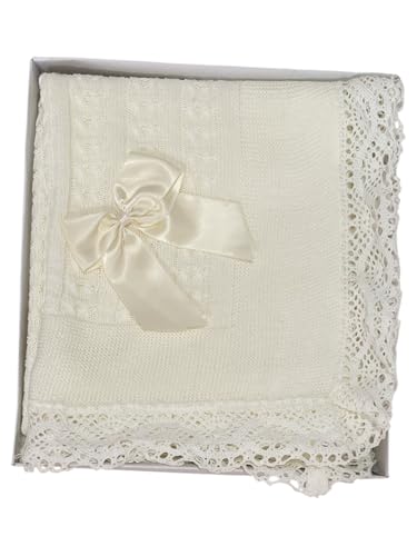 Genérico Manta de Bebé Tejida, con Encaje en el Borde y Lazo Decorativo. Diseño de Cable. Toquilla. Recién Nacido. Hilo. Acrilico. Primavera-Verano. (Beige)