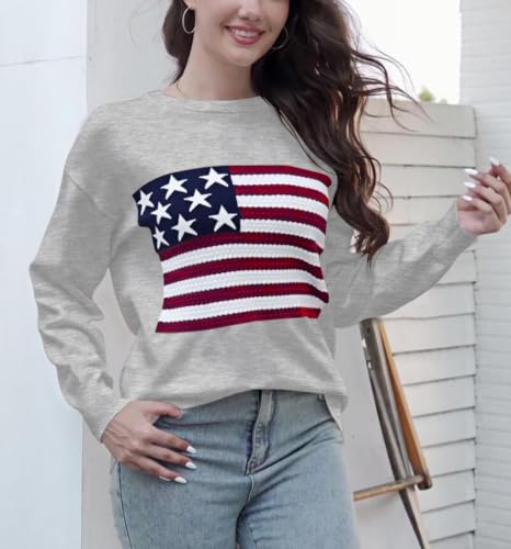 Image of Dressmine Womens American Flag Knit Sweater Crew Neck Long Sleeve Pullover