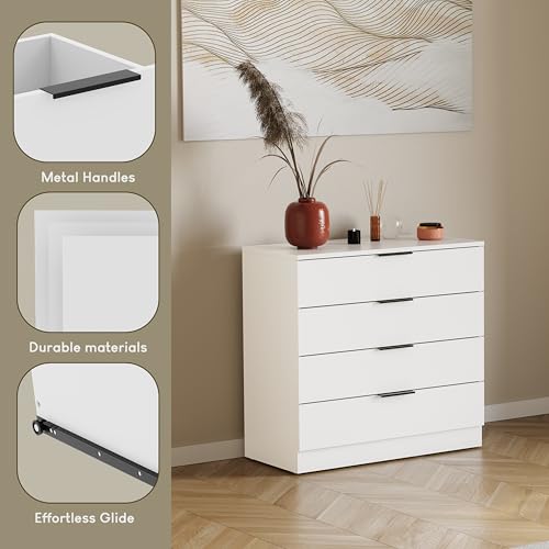 Vida Designs Trega 4 Drawer Chest Of Drawers White - Compact Space-Saving Bedroom Storage Unit - 74Hx66Wx36Dcm - Anti-Bowing Support, Modern Black Handles, Glide Runners - Ideal For Bedroom & Nursery - 5