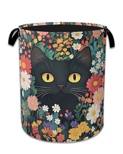 Image of Cute Funny Black Cat Laundry Basket,Oxford Cloth Flower Laundry Hamper With Handle Foldable Portable Clothes Storage Basket for Laundry Room /Bedroom /Bathroom 20.8 inchx16 inch