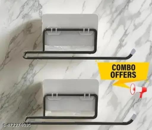 (Buy 1 GET 1) Self Adhesive No Drill Toilet Paper Holder/Tissue Paper Roll Holder/Hanger/Towel Bar Stand for Bathroom Accessories (Black, 2) Jy 34 1