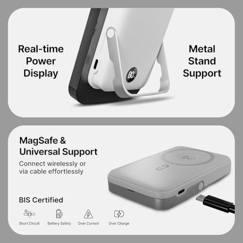 Image of pTron Dynamo Elite Magnetic Wireless 10000mAh Fast Charging Power Bank, 15W MagSafe Compatible, 22.5W Output, Compatible w /iPhone 12 & Above, Android & Other Qi Enabled Devices, Type-C Input (White)